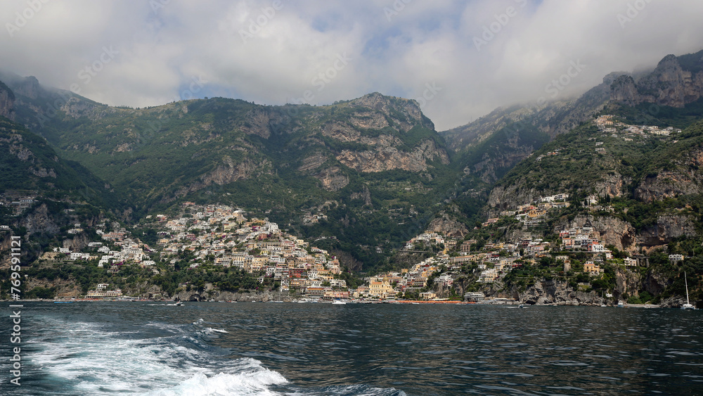 Positano Town View From Mediterranean Sea Landscape Panorama - obrazy, fototapety, plakaty 