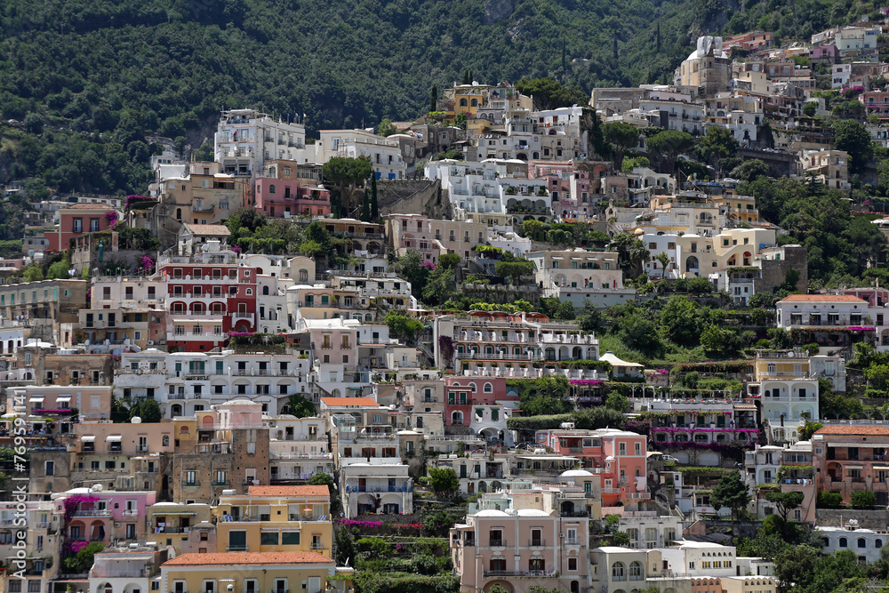 Houses at Cliffs in Positano at Amalfi Coast Italy Travel - obrazy, fototapety, plakaty 