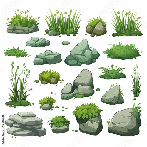 Collection of Illustrated Nature Elements with Rocks and Plants