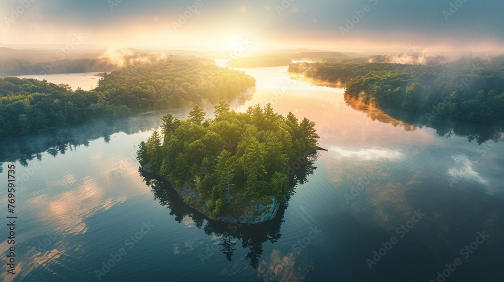 Aerial view of forest and an island on a lake and during sunrise