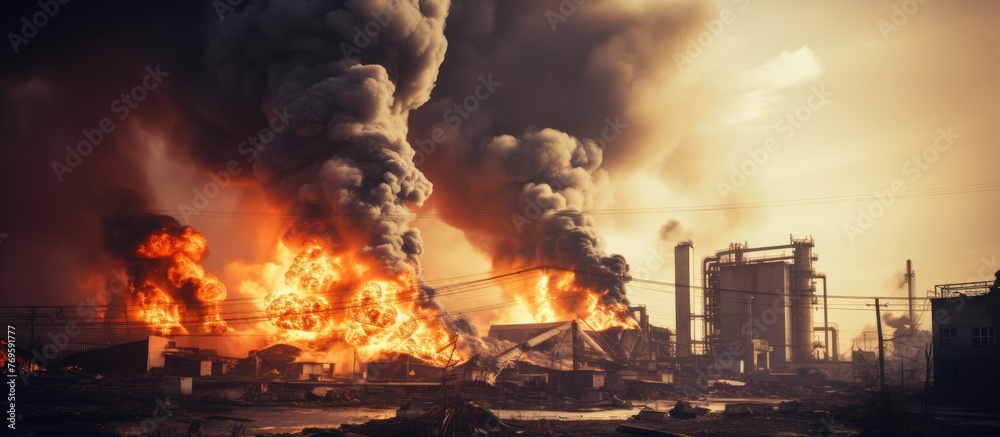 A huge fire at a factory released thick smoke into the sky, creating a hazardous pollution event. The landscape was filled with smoke, gas, and heat, changing the horizon