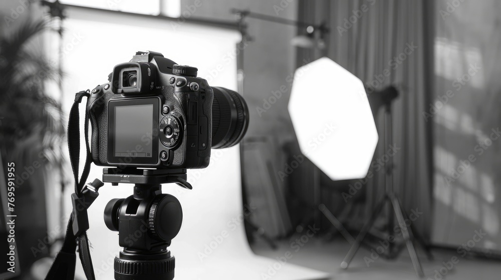 camera on a tripod in Modern photo studio with professional equipment, Background for product photography, mockup design, product presentation