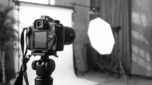 camera on a tripod in Modern photo studio with professional equipment, Background for product photography, mockup design, product presentation