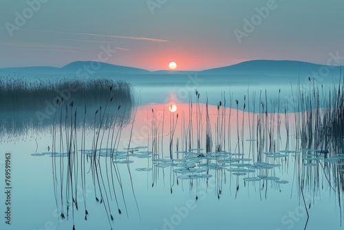 scenery of the calm lake in the morning professional photography