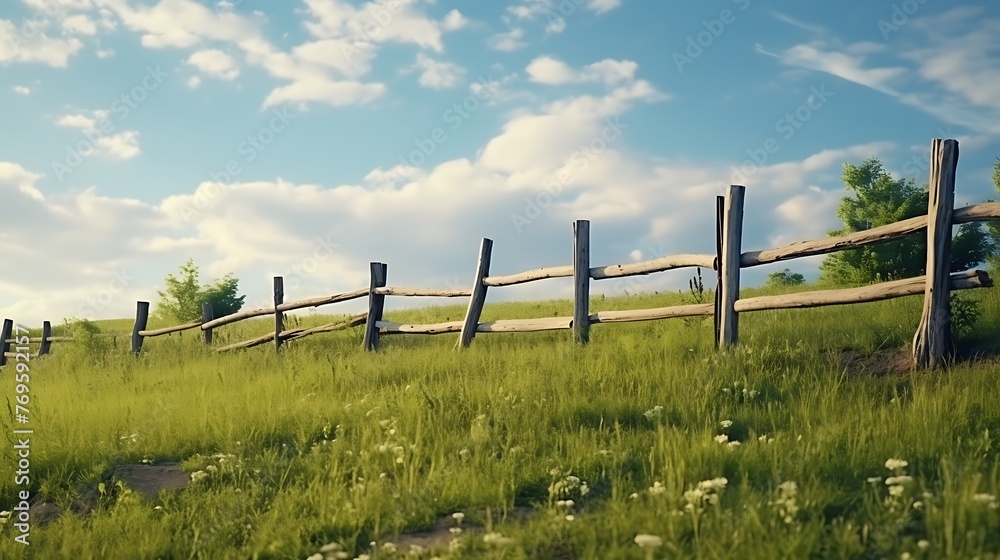 An old rustic wooden fence in the field. louds on blue sky. An old rustic wooden fence in the field. louds on blue sky.