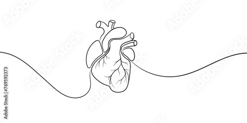 Heart continuous line art drawing isolated on white background. Minimal, health, organ, black and white. Vector illustration