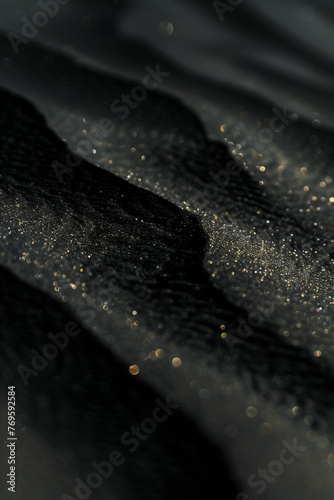 Black sand dune with gold dust in it are shown in a dark light, in the style of macro perspectives. Geographic photo. AI Generated