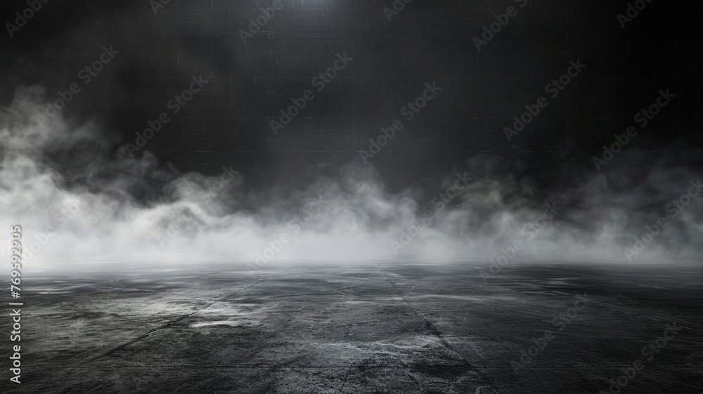 Abstract image of dark room concrete floor. Black room or stage background for product placement.Panoramic view of the abstract fog. White cloudiness, mist or smog moves on black background