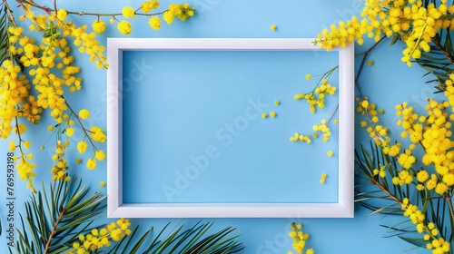 A realistic depiction of a decorative empty frame embellished with vibrant yellow flowers, their cheerful blooms creating a striking contrast against the frame's elegant design. 
