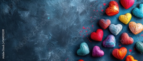 Colorful heart-shaped stones arranged on a dark textured background with space for text.