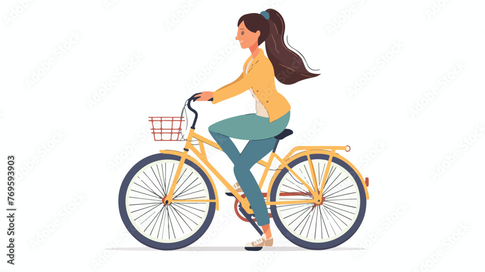 Young woman on bicycle hand drawn isolated on white background