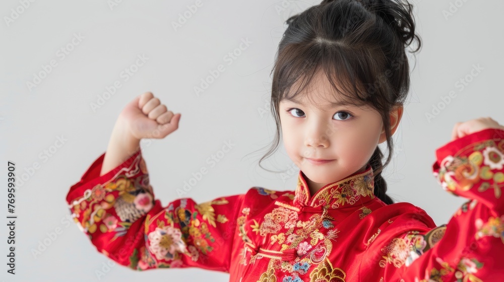Asian girl dancing kung fu isolate light background Asian girl dancing kung fu isolate light background