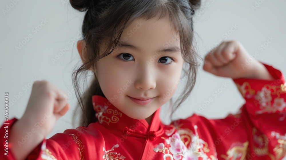 Asian girl dancing kung fu isolate light background Asian girl dancing kung fu isolate light background