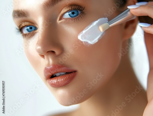 Close-up of a woman's face as she applies facial mask with a brush, highlighting skincare.