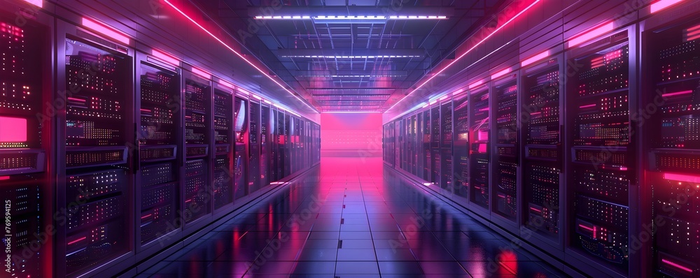 Fototapeta premium Illuminated Data Center with Blinking Servers in a Futuristic Digital Landscape for Cloud Computing and High Tech Infrastructure