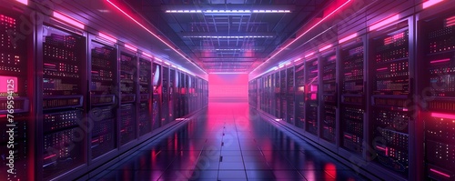 Illuminated Data Center with Blinking Servers in a Futuristic Digital Landscape for Cloud Computing and High Tech Infrastructure