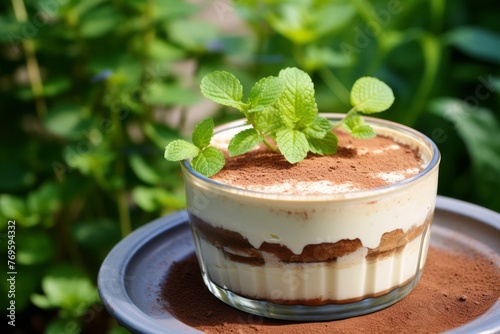 Refined tiramisu in a clay dish against a green plant leaves background