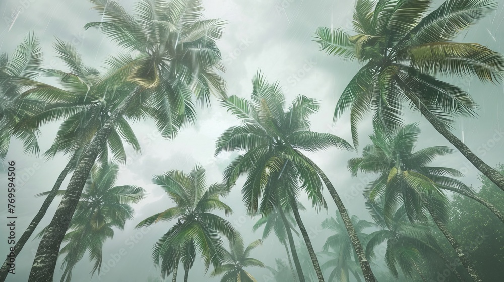 Coconut palm trees being blown by strong winds in a tropical storm ...
