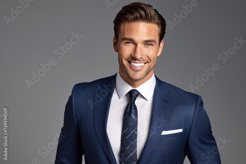 Portrait beautiful model business man in suit with white teeth smile on grey background. Generative AI