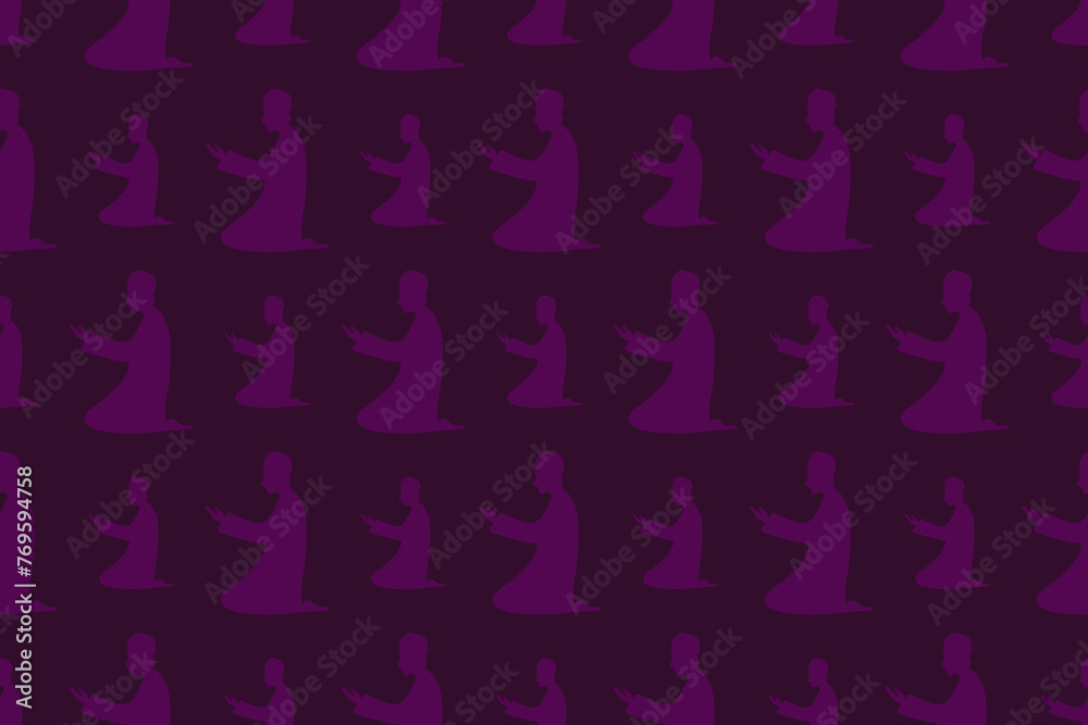 Profile of a praying man. Seamless vector pattern. Endless ornament for Ramadan. Isolated burgundy background. A man in a Muslim long shirt and skullcap is kneeling and raising his palms up. 