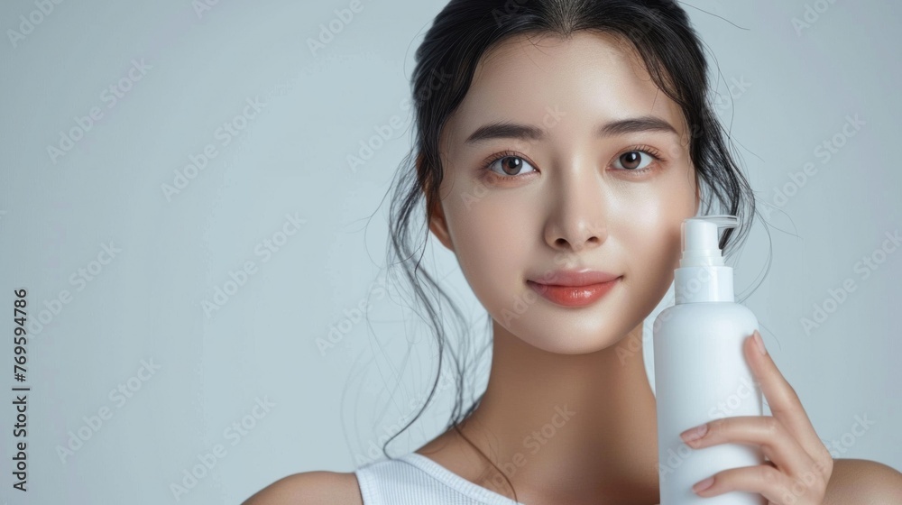 Chinese femal model,simple style,beautiful women,vary subtle,holding white foam bottle,copy space Chinese femal model,simple style,beautiful women,vary subtle,holding white foam bottle,copy space