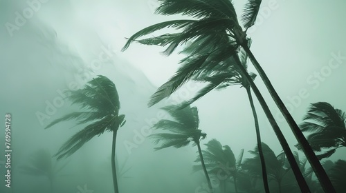 Coconut palm trees being blown by strong winds in a tropical storm under an overcast sky.