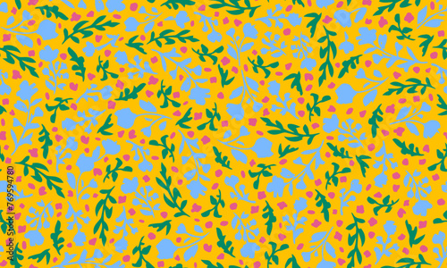 Colorful, hand drawn flowers, herbs and leaves seamless repeat pattern. Random placed, vector botany aop, all over surface print on yellow background.