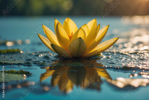 Close up of petal of yellow lotus water lily flower with summer spring reflection close-up macro in nature, rays of sunlight against turquoise sky, copy space, panoramic view.