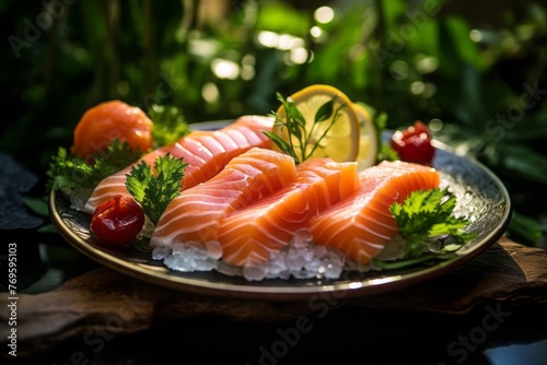Tasty sashimi on a porcelain platter against a green plant leaves background