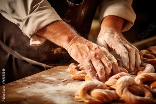 Zoomed-in shot of a baker's hands shaping dough into pretzel twists.