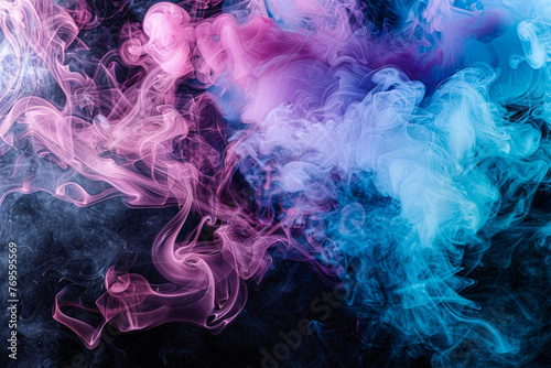 Blue, pink, purple vape smoke on black isolated background