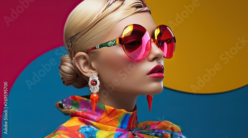 Stylish woman in pink sunglasses with colorful abstract background.
