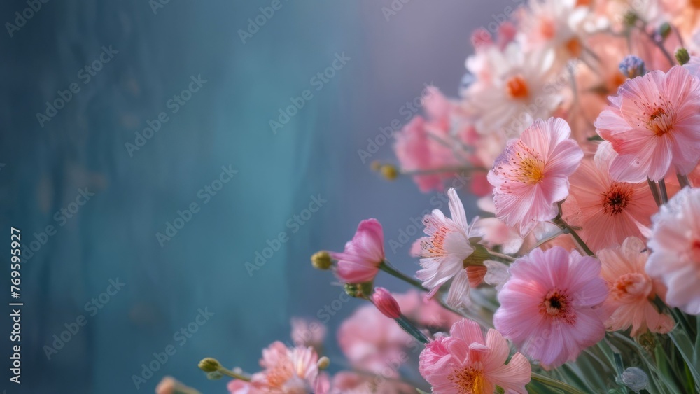 delicate pink and white flowers set against teal background. concepts: wellness and relaxation, spa advertisements, greeting cards, invitations, spring awakening, garden aesthetics, natures beauty