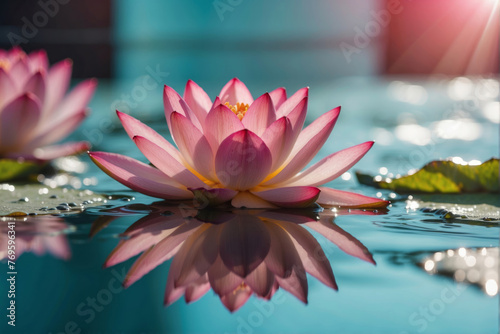 pink waterlily lotus flower with summer spring reflection close-up macro in nature, rays of sunlight against turquoise sky reflect on beautiful pond, copy space, panoramic view.