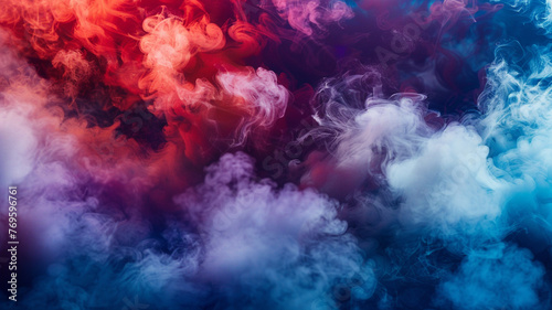 Dramatic smoke and fog in contrasting vivid red, blue, and purple colors. Vivid and intense abstract background or wallpaper. © ILOVEART