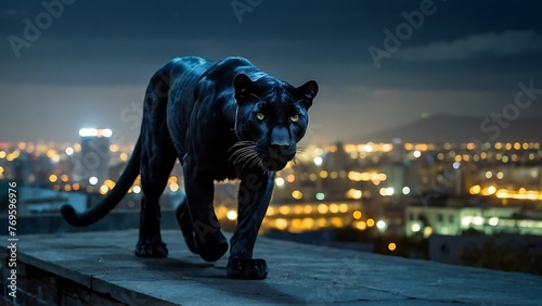Black panther in the city at night with a view of the city