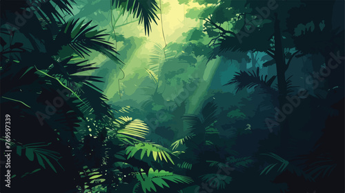 Dark rainforest sun rays through the trees rich jungl