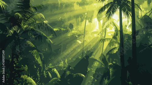 Fototapeta Naklejka Na Ścianę i Meble -  Dark rainforest sun rays through the trees rich jungle 