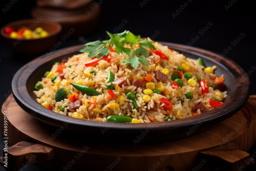 Exquisite fried rice on a slate plate against a bamboo background Exquisite fried rice on a slate plate against a bamboo background