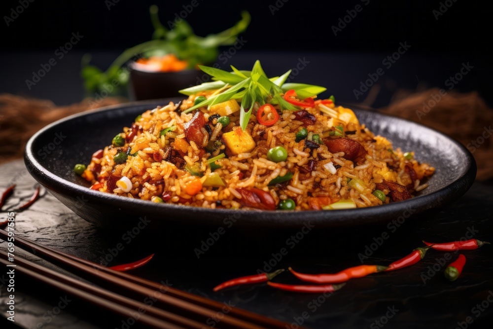 Exquisite fried rice on a slate plate against a bamboo background