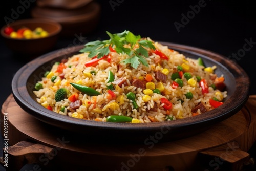 Exquisite fried rice on a slate plate against a bamboo background