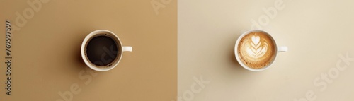 Black Coffee and Cappuccino Side by Side on a Beige Background