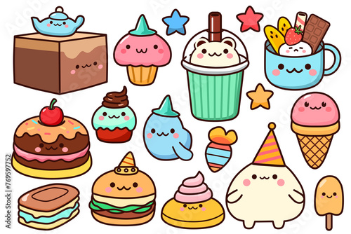 Set of cute kawaii emoticon character food stickers