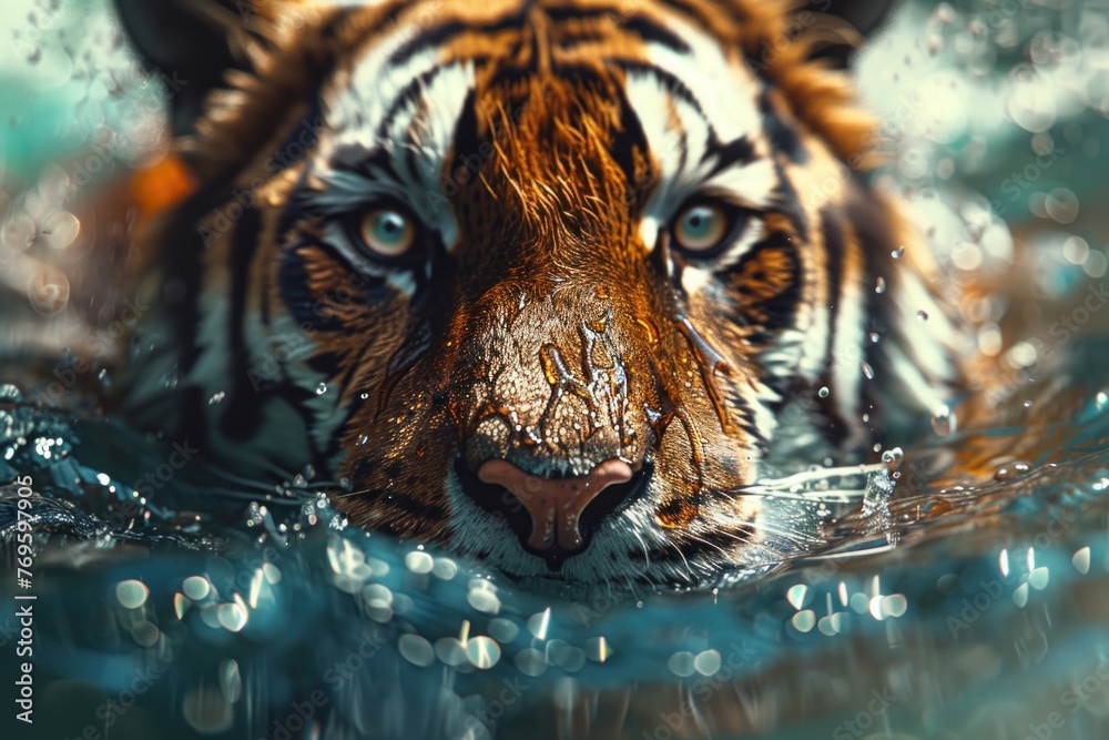 A tiger floating in the water was ready to attack.