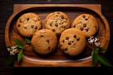 Tempting chocolate chip cookies on a wooden board against a bamboo background