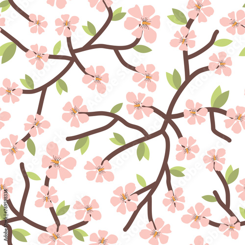 cute hand drawn branches with pink cherry flowers seamless vector pattern background illustration