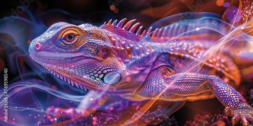 Psychedelic Holographic Lizard in Vibrant Landscape - Captivating Technicolor Harmony and Energy Waves Concept © sarinya