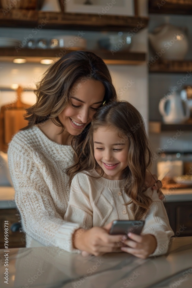 Latina mother with her daughter happy in the kitchen of her stratum 4 house looking at her cell phone very happy and with a counter in front of them, realistic photograph Latina mother with her daughter happy in the kitchen of her stratum 4 house looking at her cell phone very happy and with a counter in front of them, realistic photograph