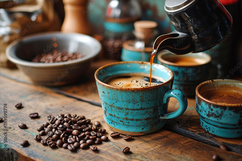 Morning coffee routine: close-up of crafted ceramic coffee mug and other crockery on the table. Morning coffee routine: close-up of crafted ceramic coffee mug and other crockery on the table.