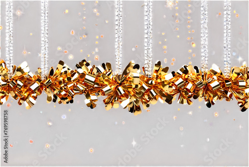 Background of tinsel. Gold spangles festoons hang. Vertical white and black lines. Holiday lights, garlands. Party, celebration, abstract and festive background textures. Foil strips, decoration